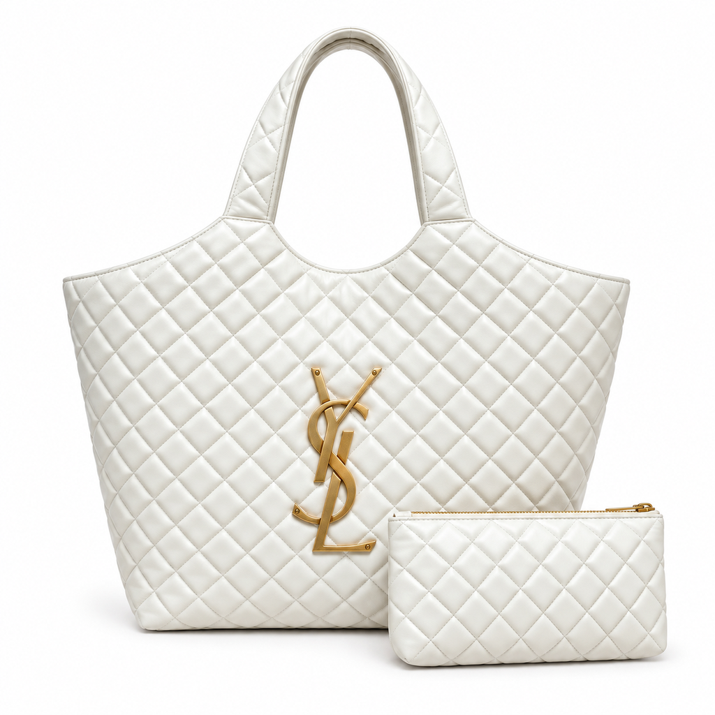 YSL Icare Maxi Shopping Bag in white diamond-quilted leather with oversized gold YSL monogram and matching quilted zip pouch, front view