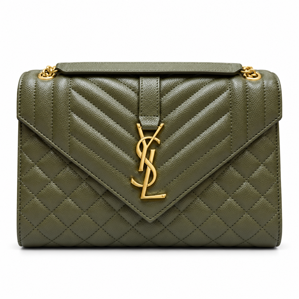 YSL College Quilted Caviar Leather Shoulder Bag Olive