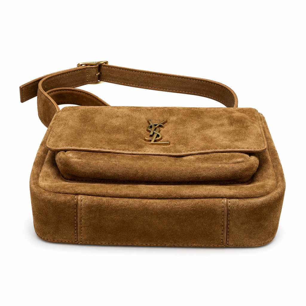 YSL Saint Laurent Solferino Suede Crossbody Bag Camel