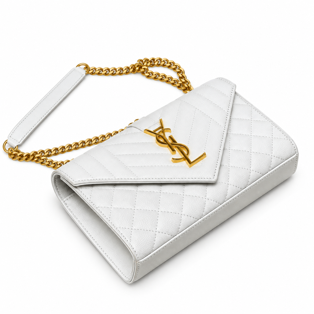 YSL Envelope Quilted Leather Chain Shoulder Bag White