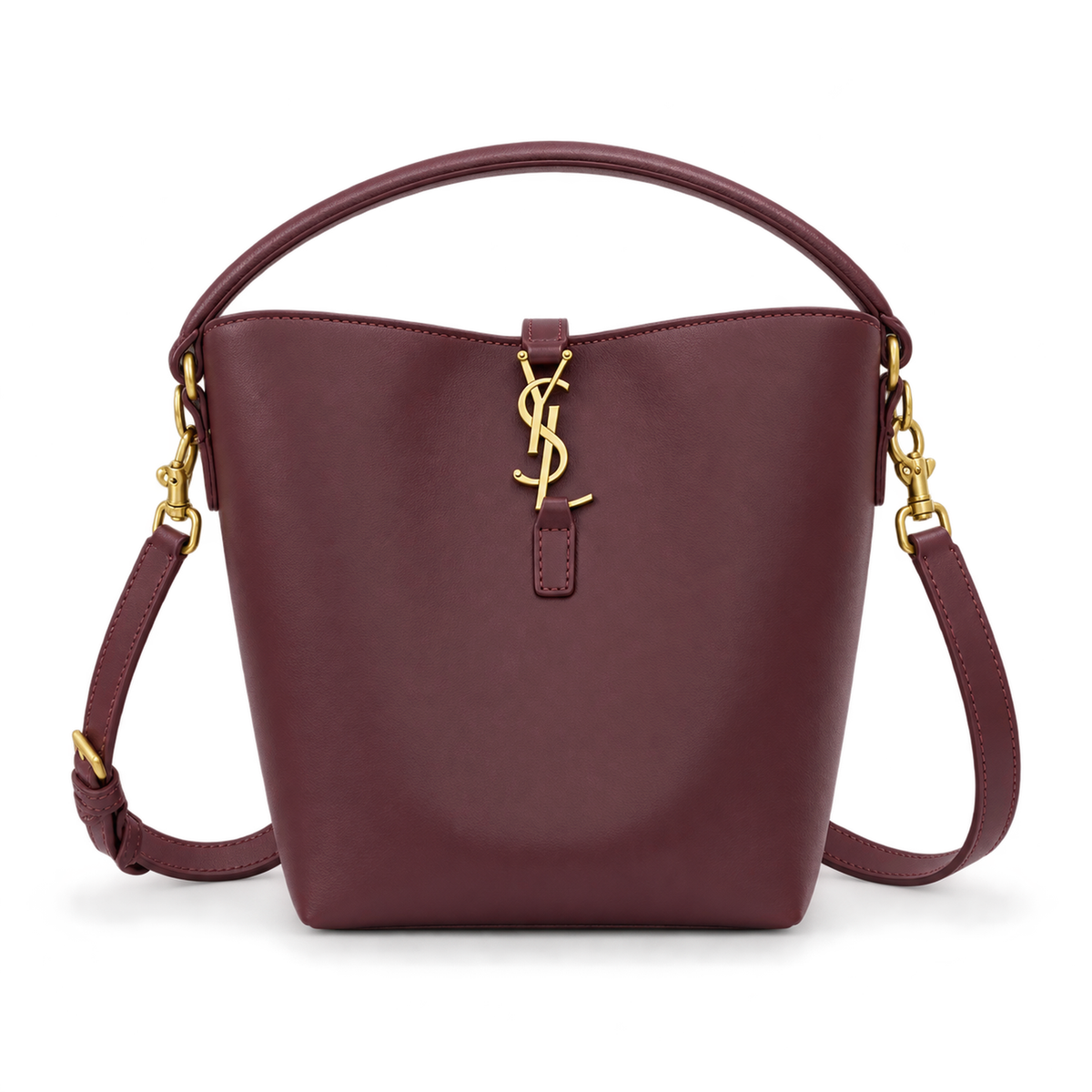 YSL Saint Laurent Le Petit Suzanne Bucket Bag Burgundy Smooth Leather Gold YSL Charm Adjustable Shoulder Strap