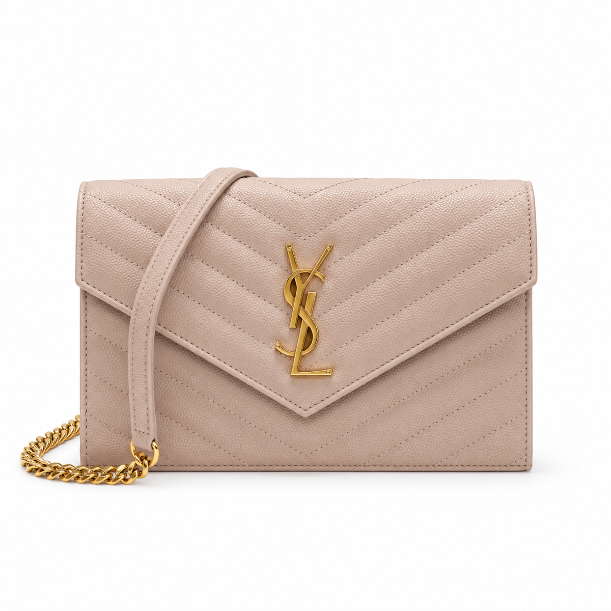 YSL Saint Laurent Envelope Chain Wallet Powder Pink Matelasse Chevron Leather Gold YSL Monogram Gold Chain Strap