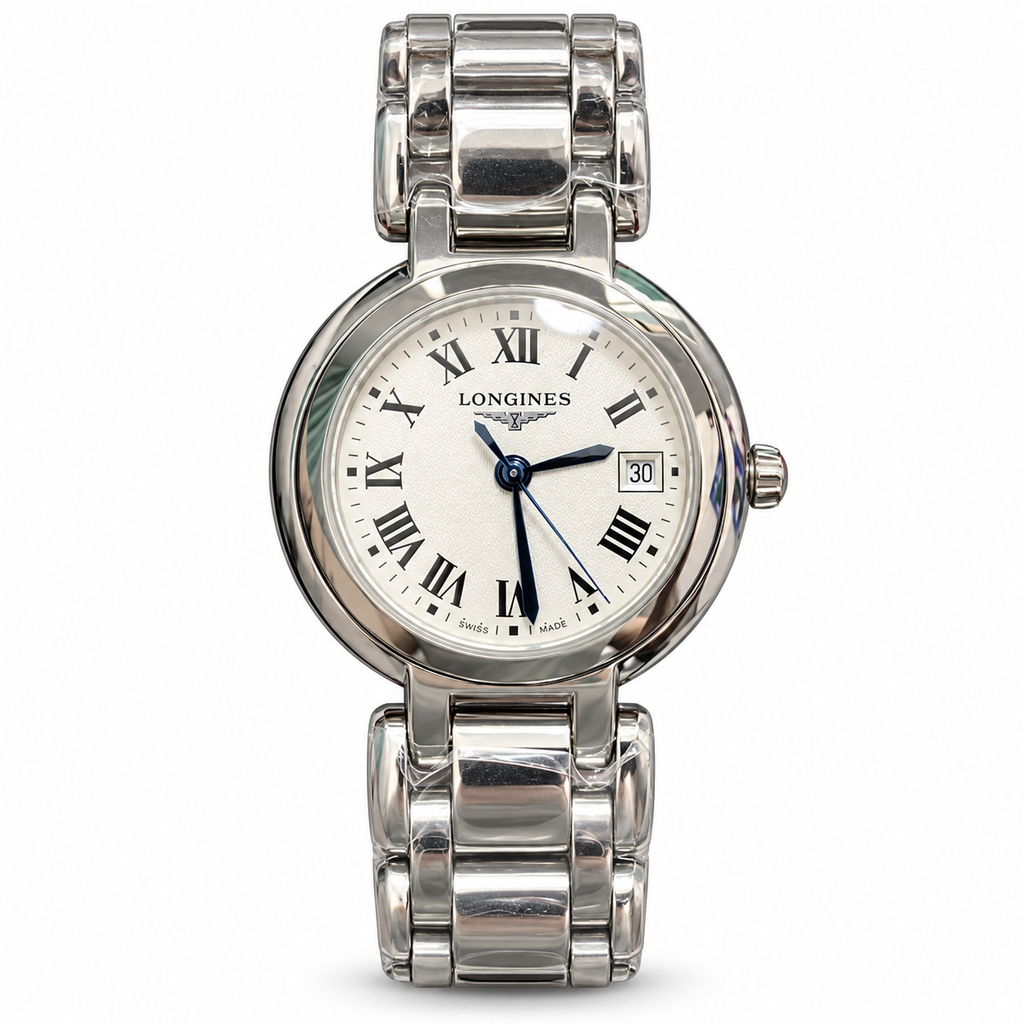 Longines PrimaLuna ladies watch with white Roman numeral dial and stainless steel bracelet