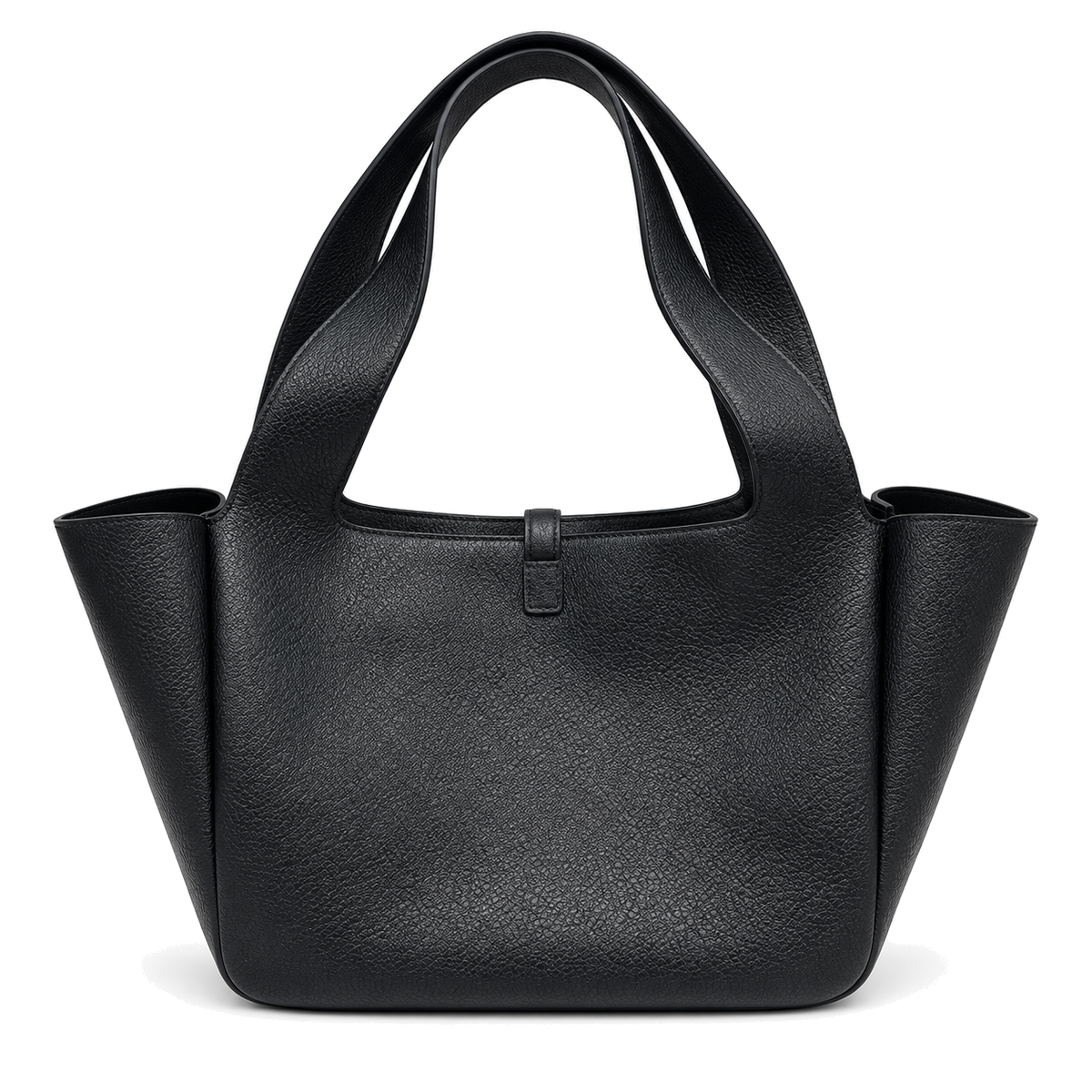 Saint Laurent YSL Bea large tote bag in black grained calfskin leather with double top handles and structured winged silhouette
