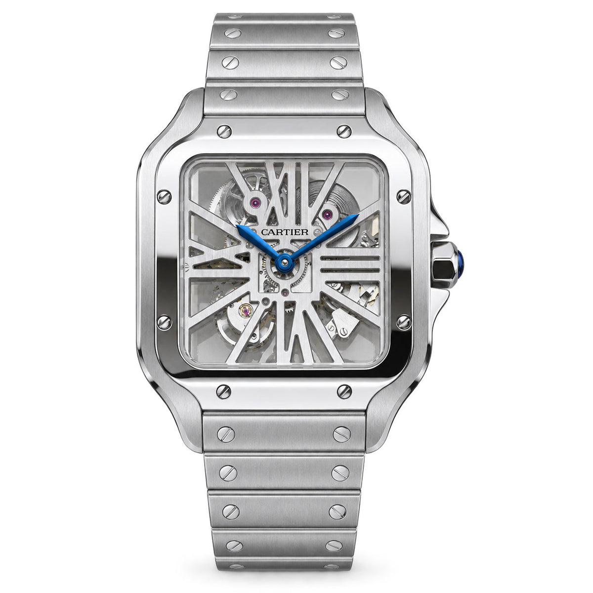 Cartier Santos Large Steel Skeleton Dial Blue Hands Automatic Bracelet Watch – KDY
