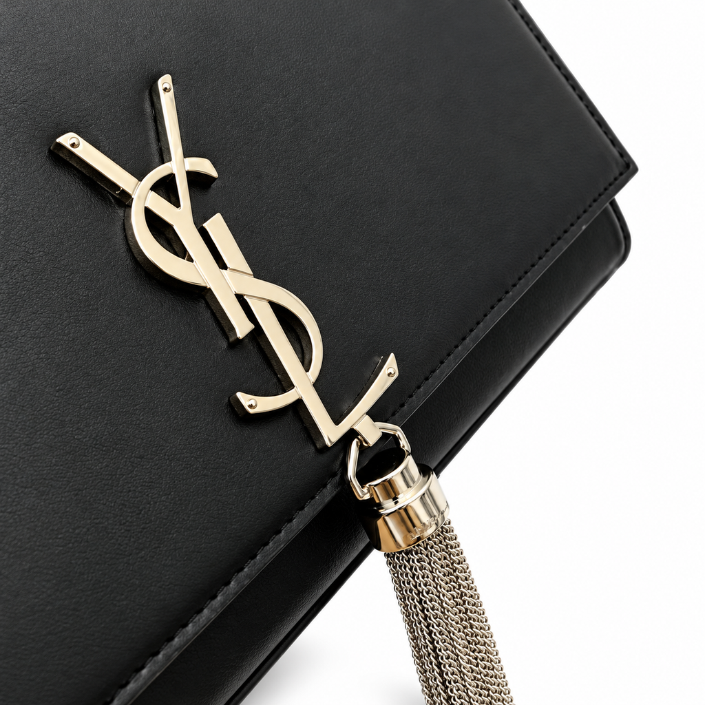 YSL Saint Laurent Kate Chain Bag in Black Smooth Leather with Silver Tassel