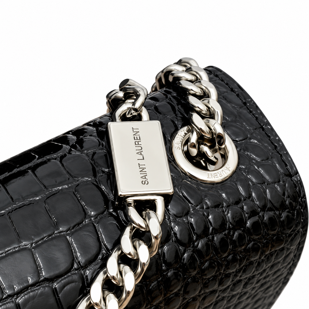YSL Saint Laurent Kate Clutch in Black Croc-Embossed Leather with Tassel
