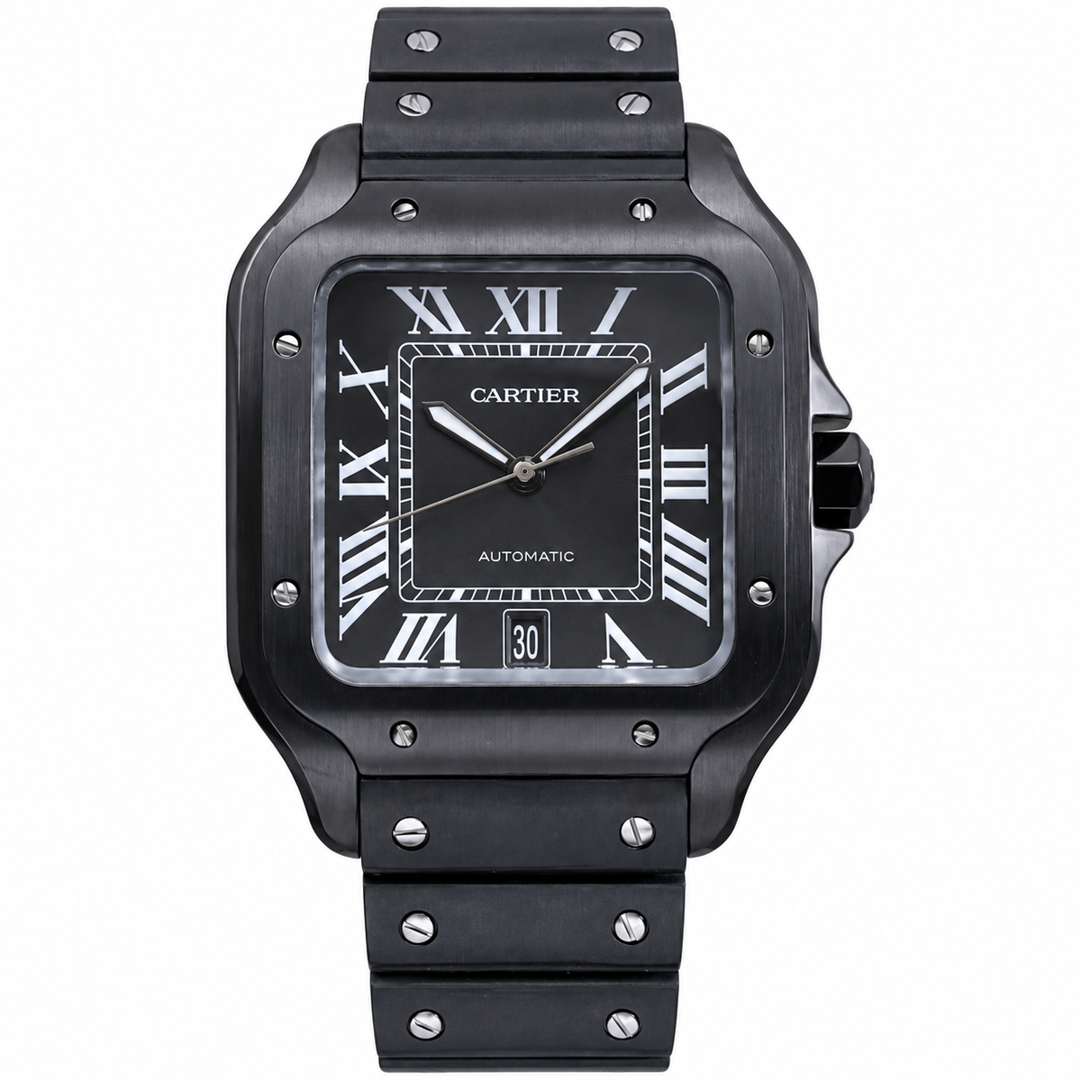 Cartier Santos de Cartier Large Full Matte Black ADLC-Coated Steel Case Bracelet Black Dial White Roman Numerals Date Automatic QuickSwitch Watch