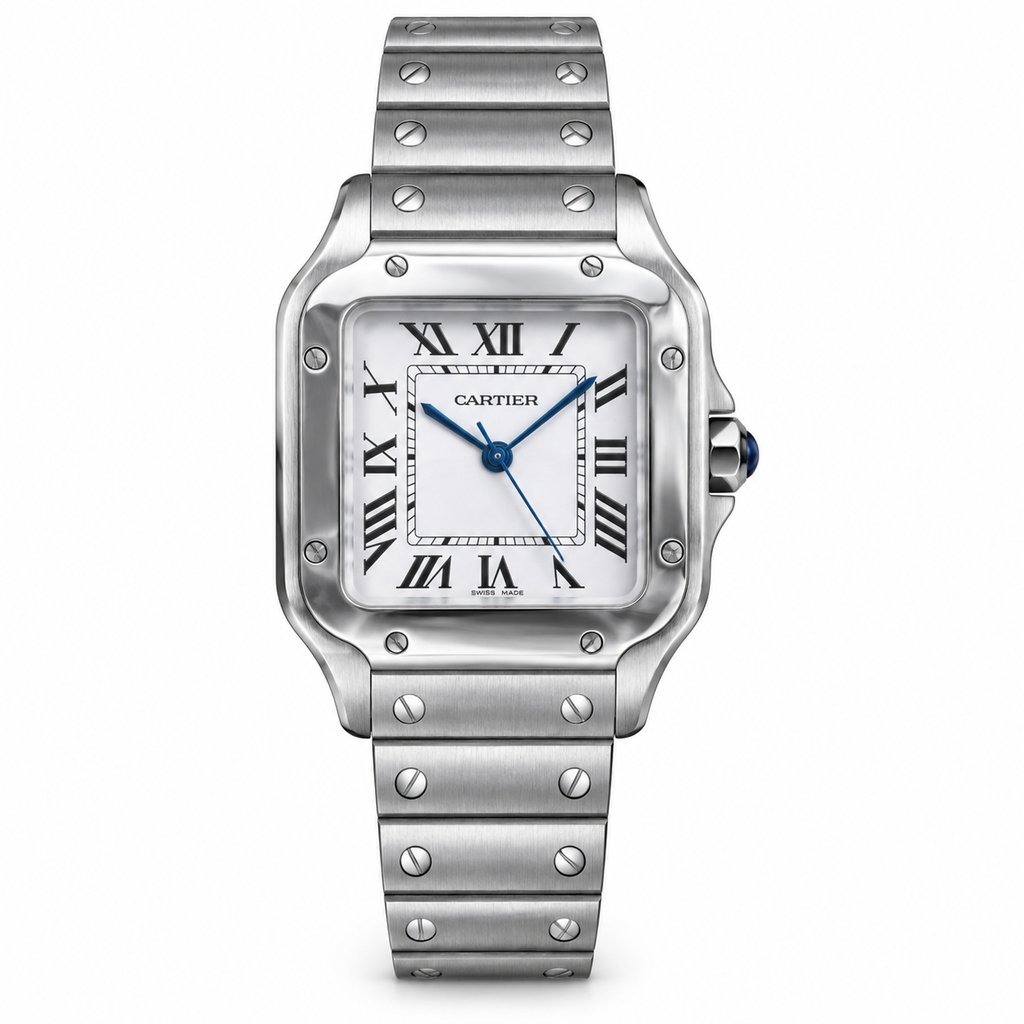 Cartier Santos Automatic White Dial Blue Hands Stainless Steel Bracelet Luxury Watch Swiss Made