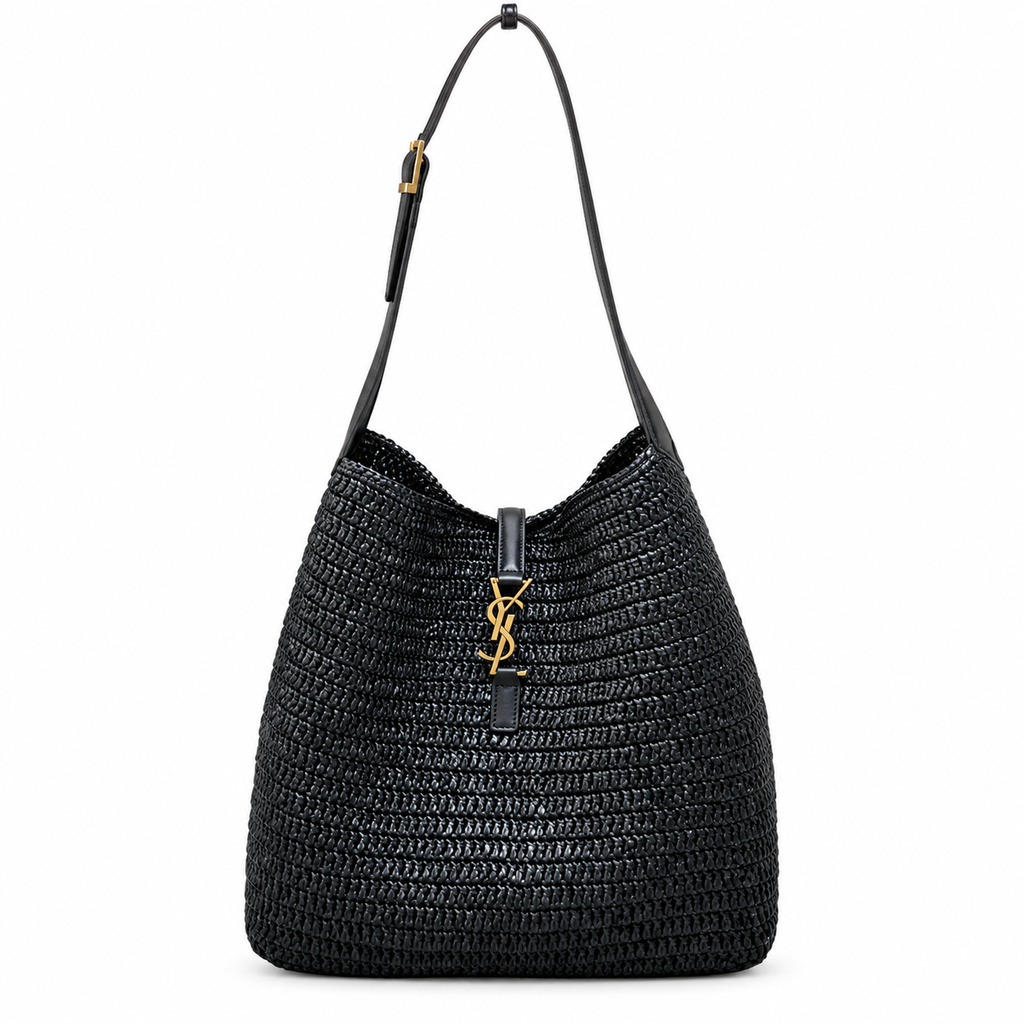 YSL Saint Laurent Le 5 À 7 Raffia Tote Bag Black