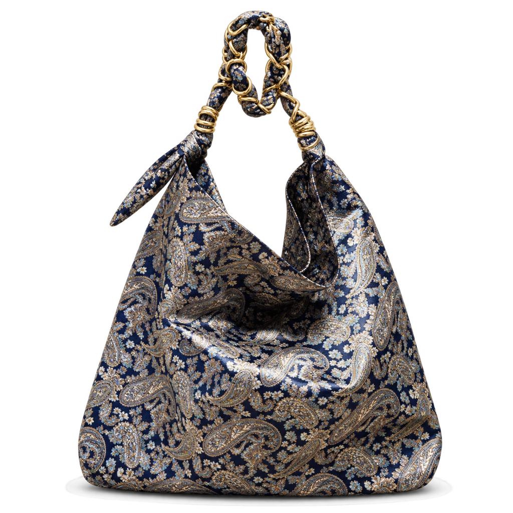 YSL Saint Laurent Squchy Hobo Bag Navy Paisley Brocade Gold Chain Handle