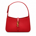 YSL Saint Laurent Le 5 À 7 Hobo Bag Red Smooth Leather Gold YSL Monogram Charm Adjustable Shoulder Strap