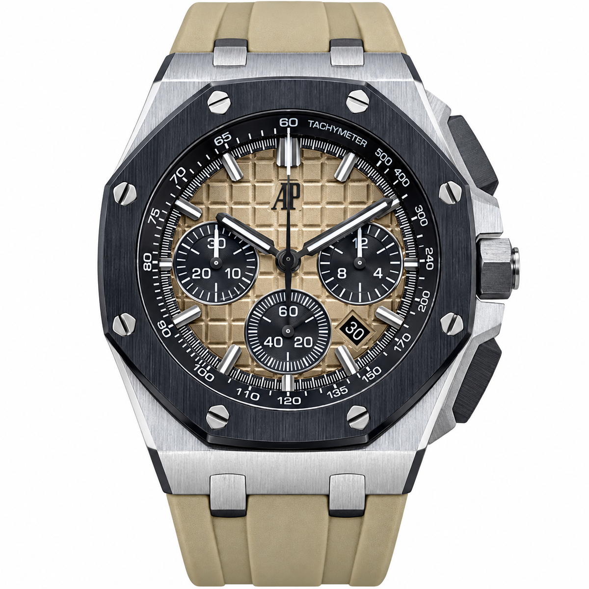 Audemars Piguet Royal Oak Offshore Chronograph Stainless Steel Black Ceramic Bezel Khaki Sand Mega Tapisserie Dial Khaki Rubber Strap
