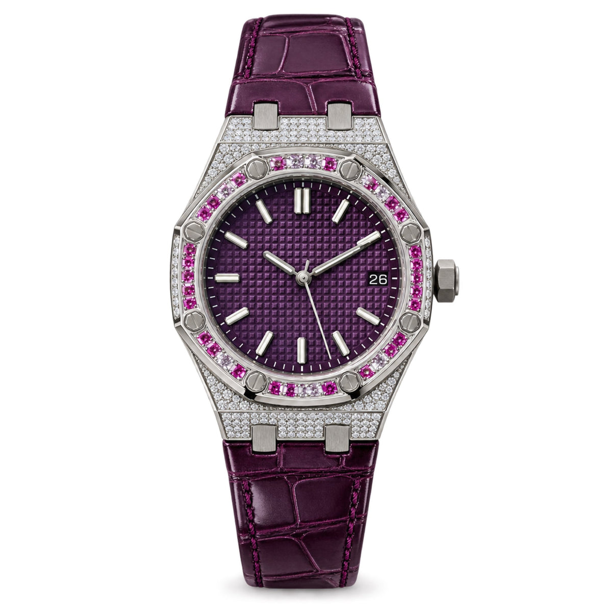 Audemars Piguet Royal Oak Automatic Ladies Diamond Pave Case Pink Sapphire Diamond Bezel Deep Purple Tapisserie Dial Purple Alligator Strap