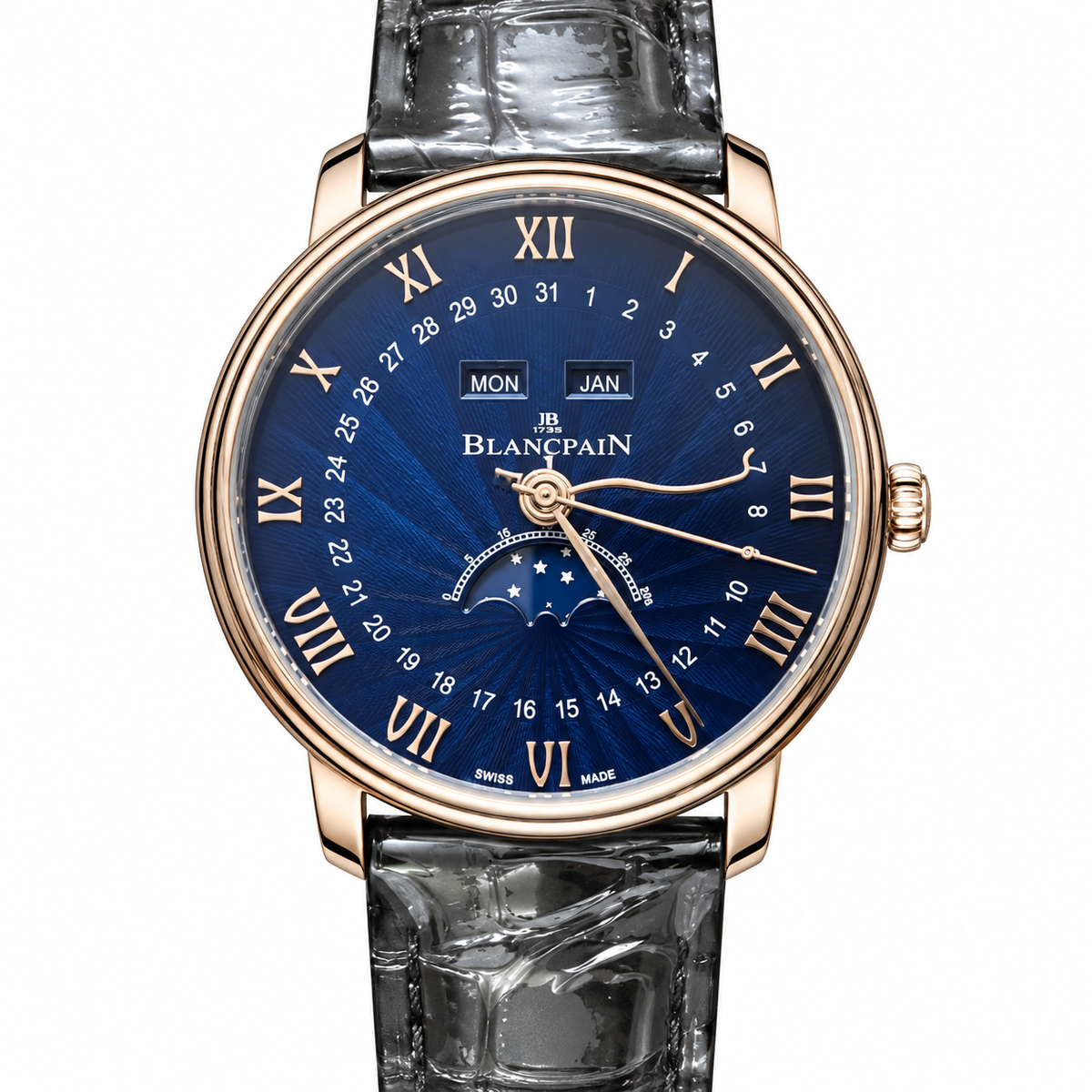 Blancpain Villeret full calendar moonphase rose gold deep blue sunburst dial Roman numerals peripheral date grey alligator strap automatic watch
