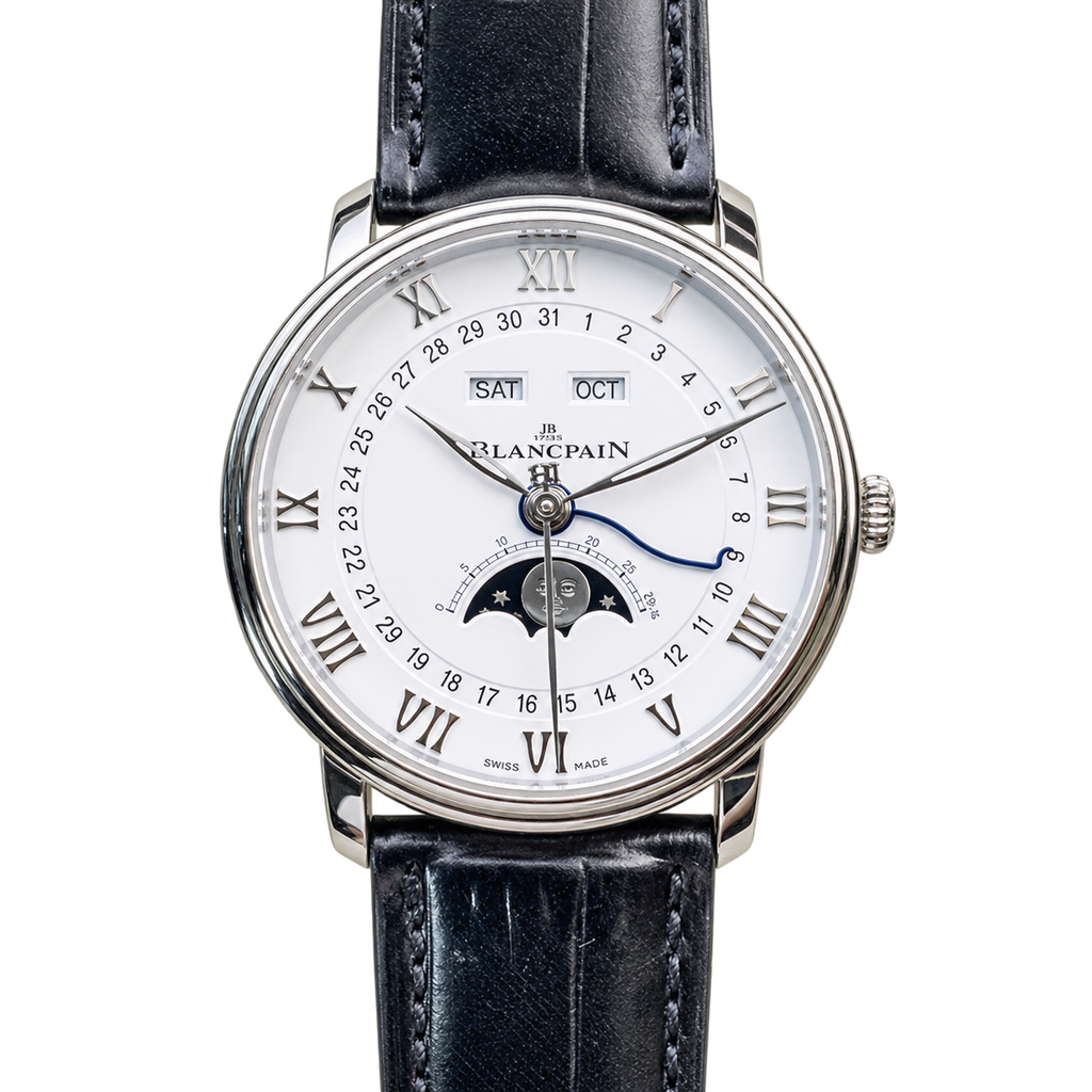 Blancpain Villeret Quantième Complet – Steel White Dial Blue Hands Moonphase Calendar Swiss Automatic