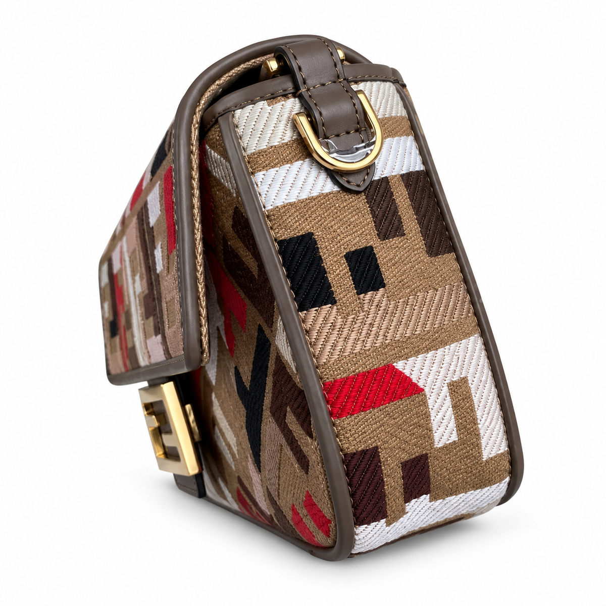 Fendi FF Shoulder Bag – Jacquard Canvas & Leather Trim, Flap Closure, 26cm