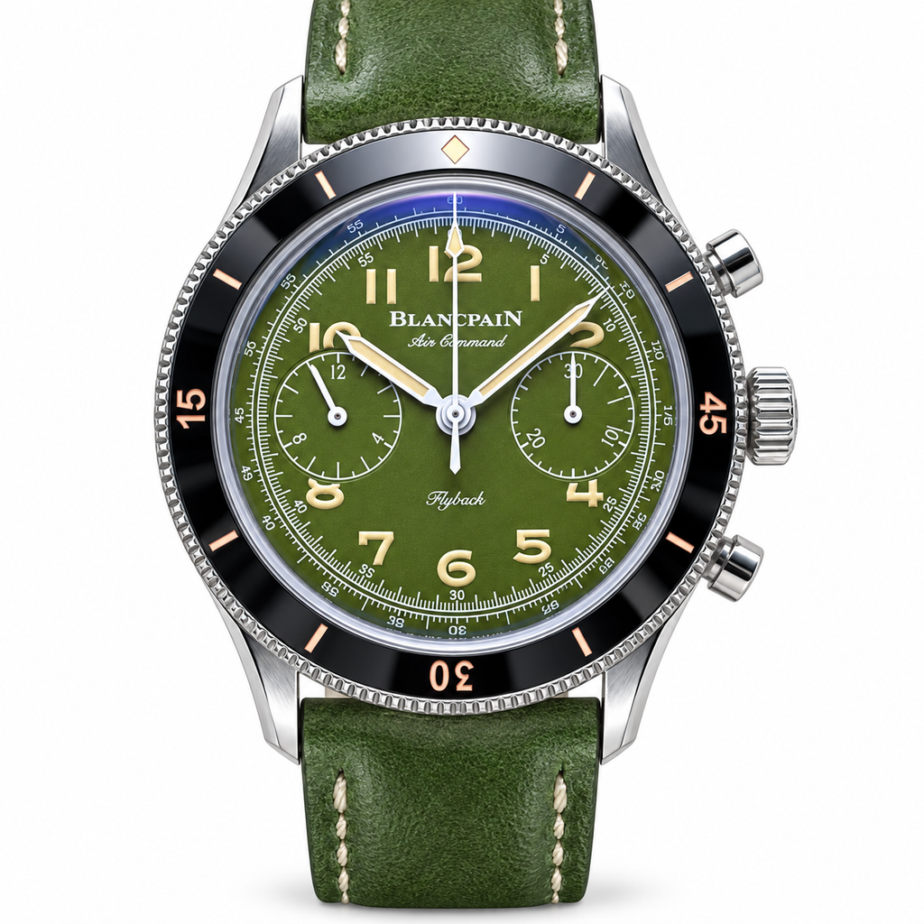 Blancpain Air Command Flyback chronograph stainless steel military green dial black ceramic bezel olive leather strap