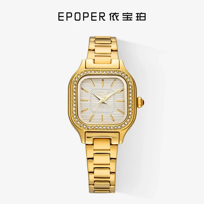 EPOER — Gold-Tone Square Case, Cream Dial, Crystal Markers & Gold Mesh Bracelet, Women