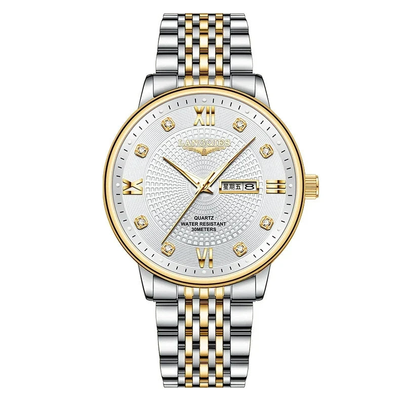 LANGQIES Classic Two-Tone Watch 40mm | Diamond Hour Markers & Dual Calendar