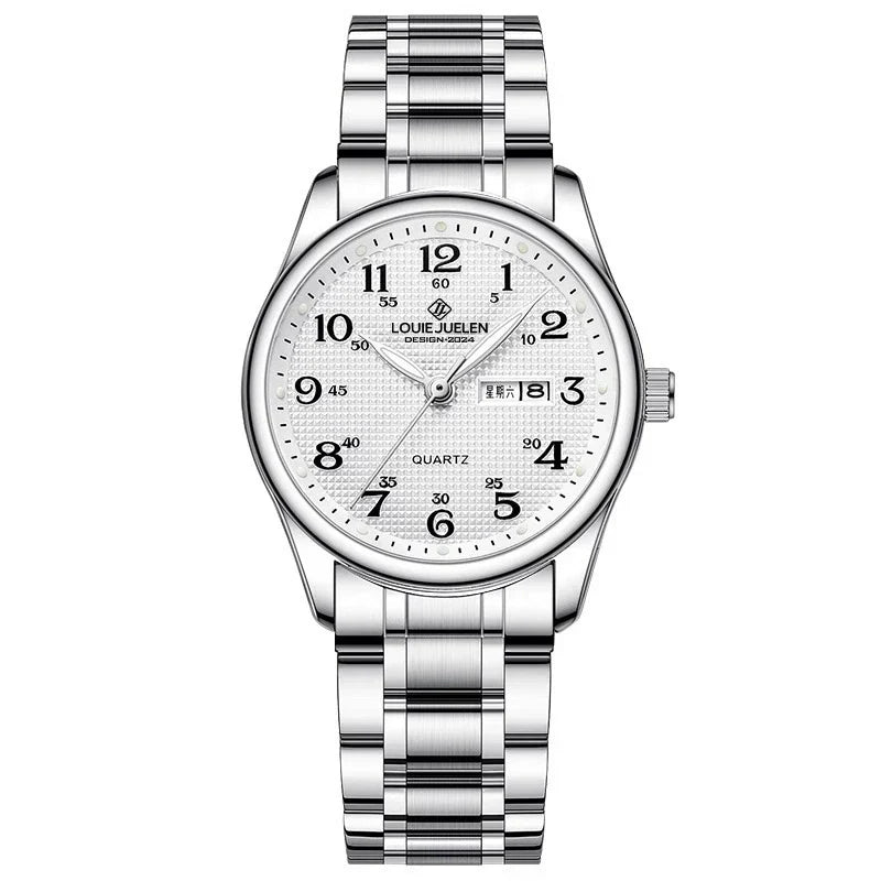 LOUIE JUELEN Classic Steel Watch 42mm | Bold Arabic Dial & Dual Day-Date Display