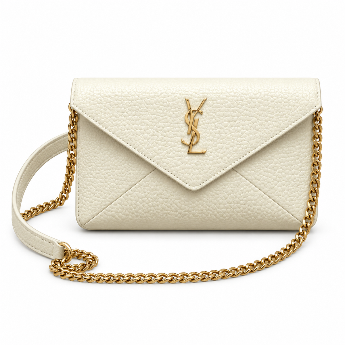 YSL Saint Laurent Gaby Envelope Bag White Grained Leather Gold Chain